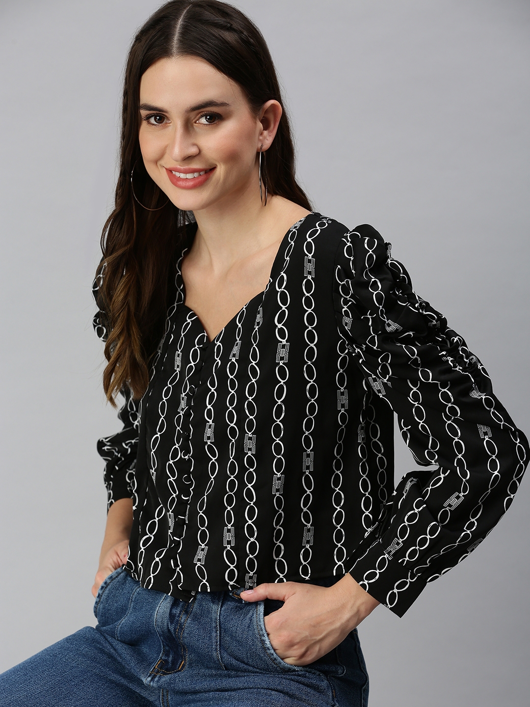 Women's Black Polyester Striped Tops