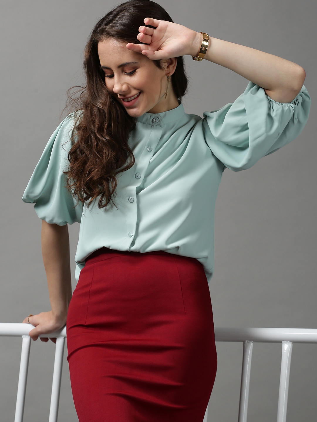 SHOWOFF Women's Puff Sleeves Solid Sea Green Blouson Top