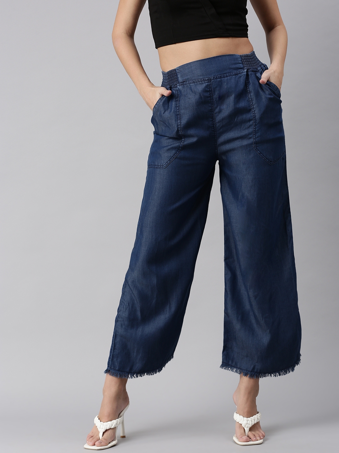 SHOWOFF Women's Solid High-Rise Navy Blue Trousers