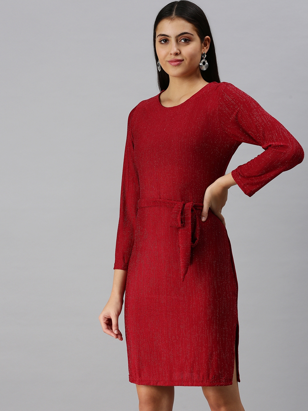 Women's Red Polyester Solid Dresses