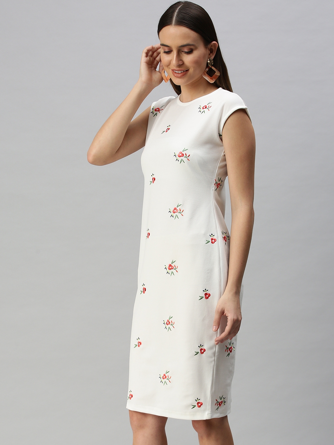 Women's White Polyester Embroidered Dresses