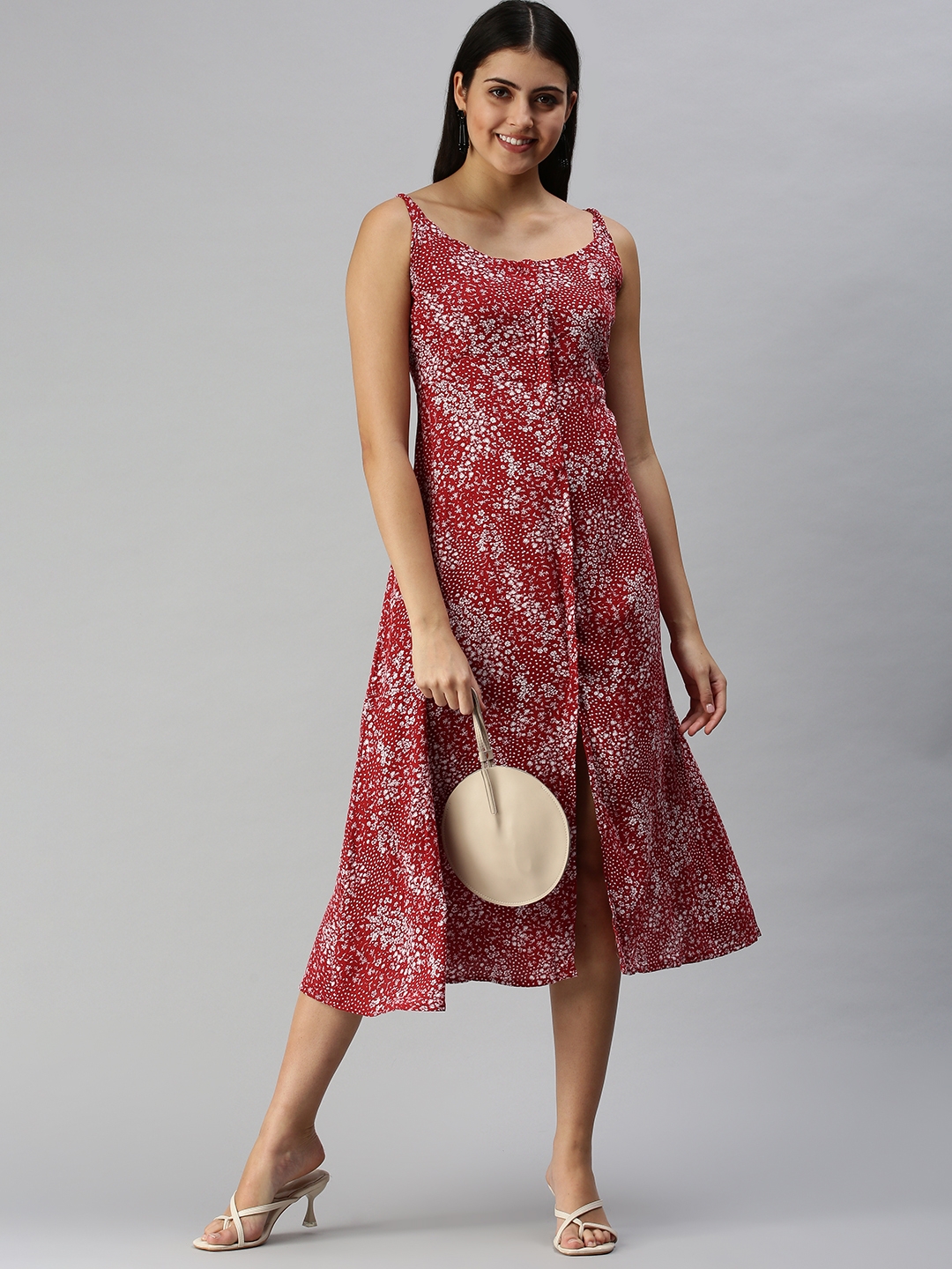 Showoff | SHOWOFF Women's Red Shoulder Straps Floral A-Line Dress