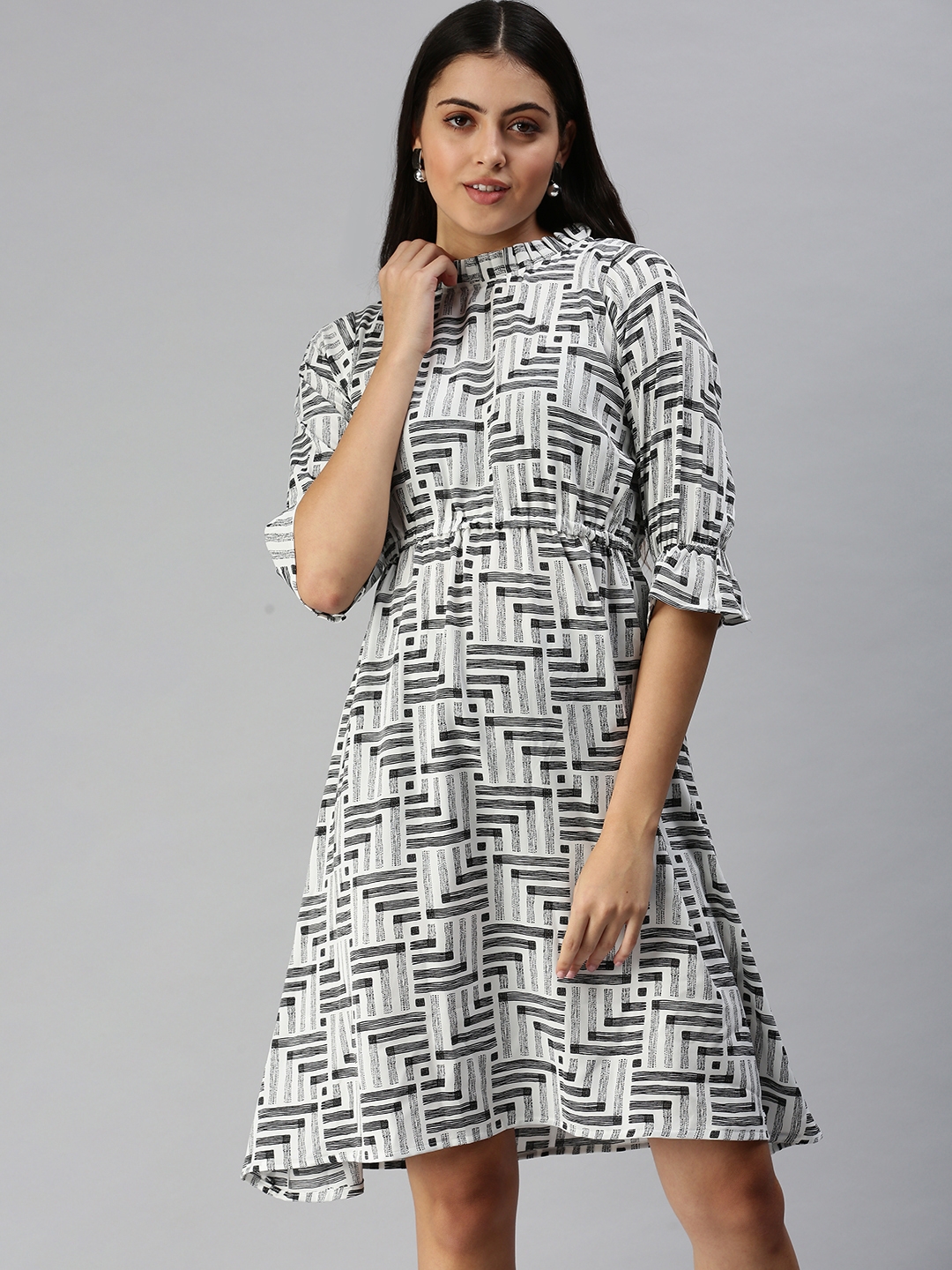 SHOWOFF Women's White Choker Neck Geometric A-Line Dress