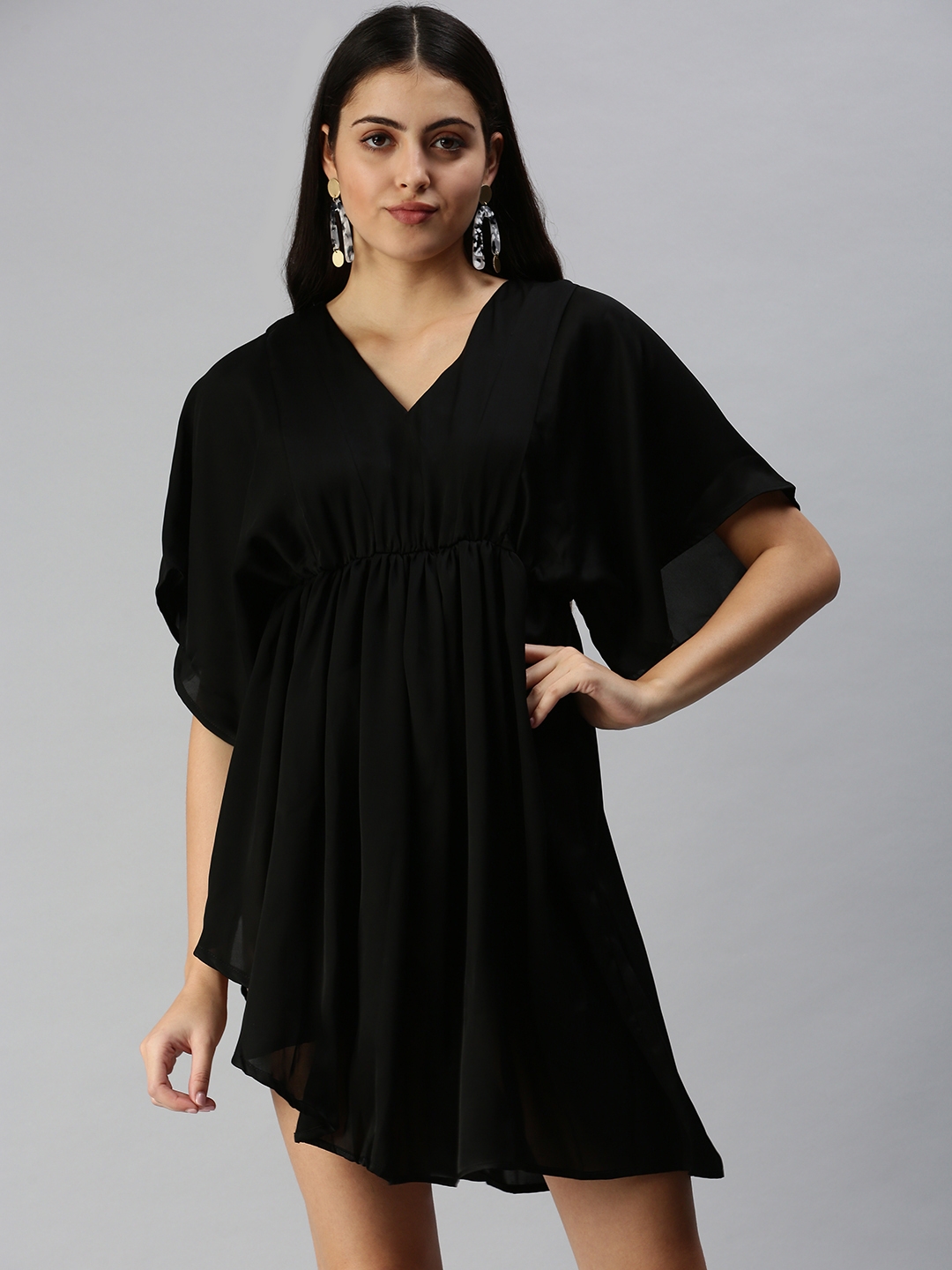 Showoff | SHOWOFF Women's Black V-Neck Solid A-Line Dress