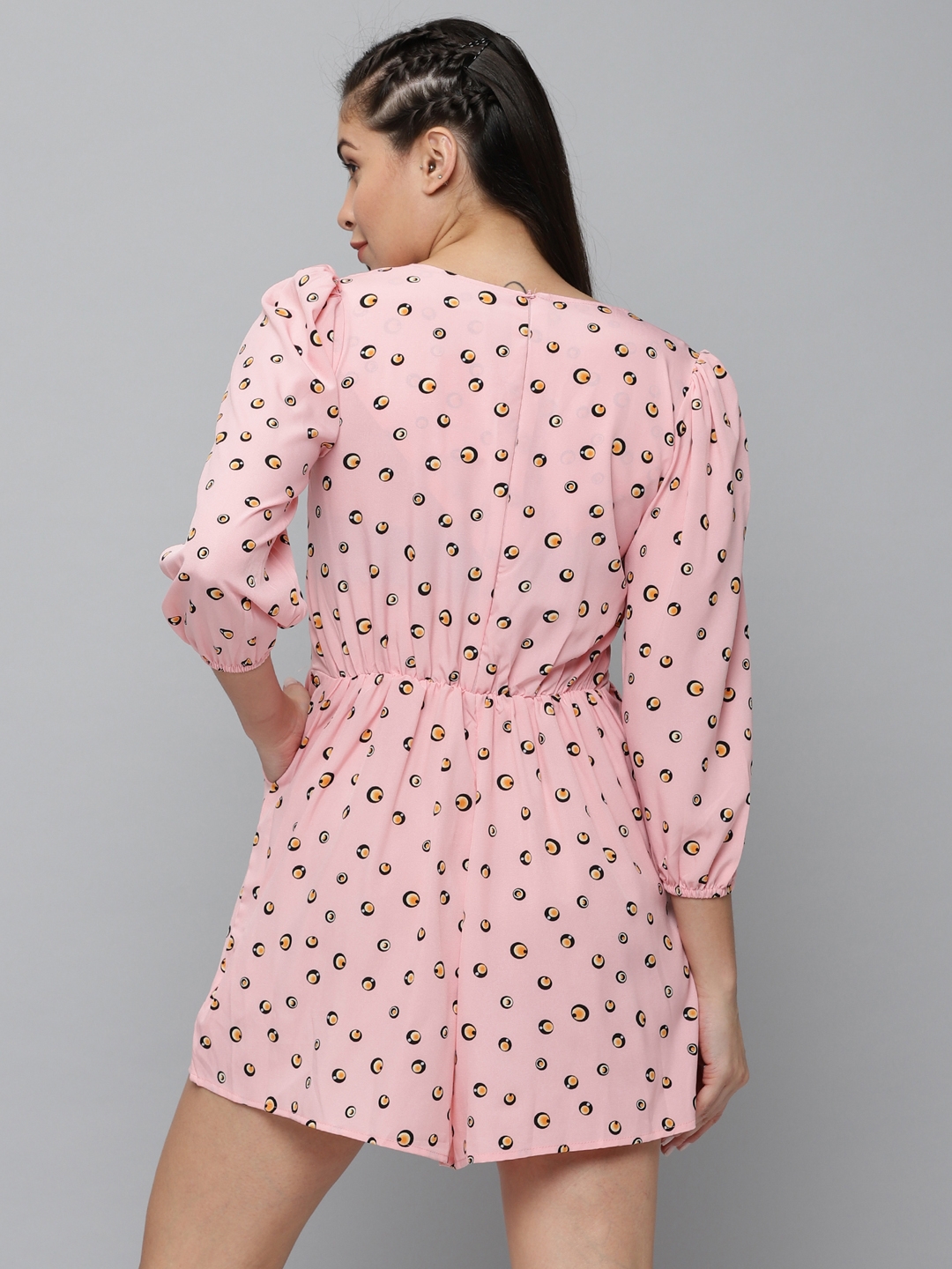 SHOWOFF Women's V-Neck Pink Three-Quarter Sleeves Printed Jumpsuit