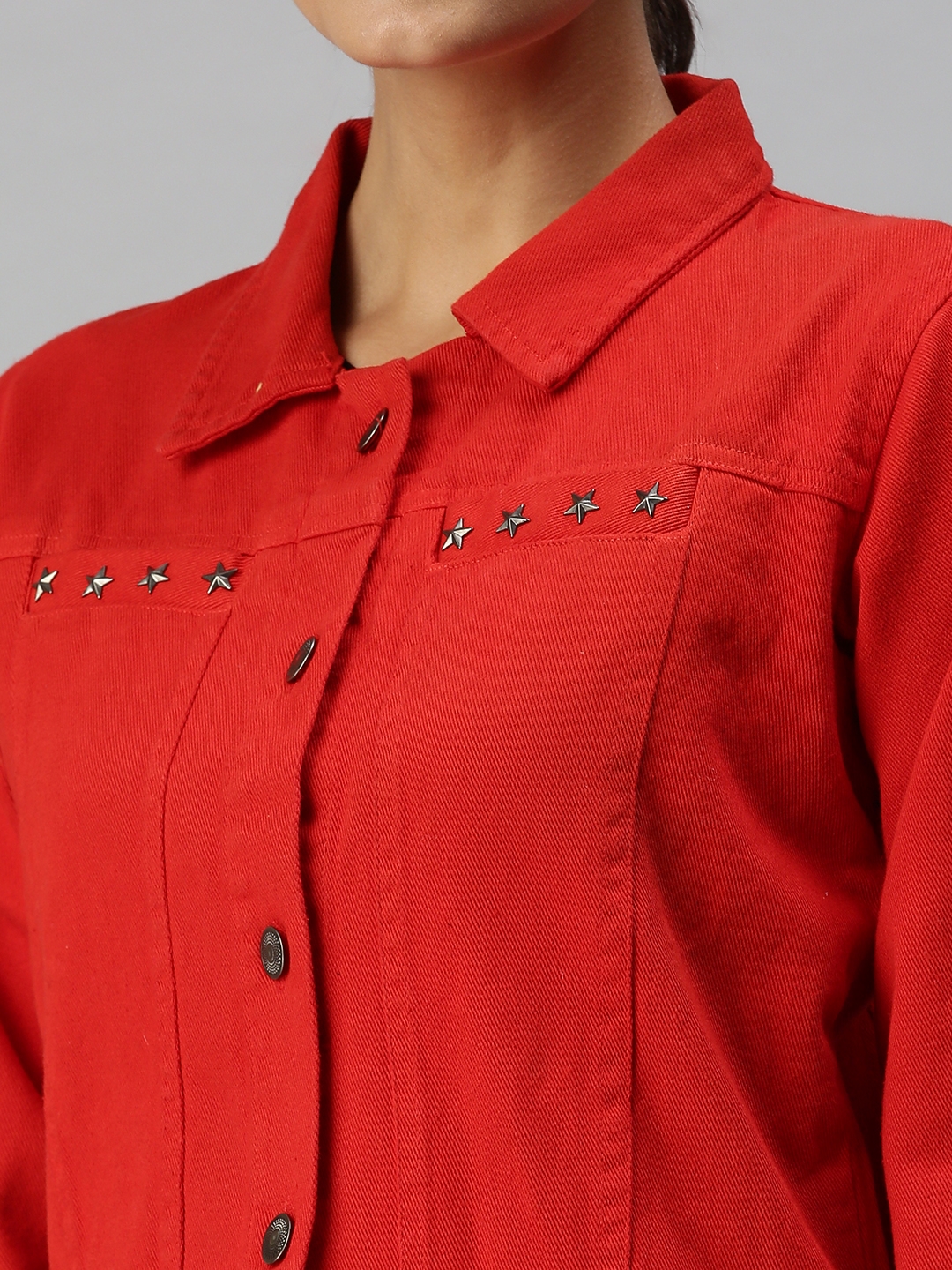 Women's Red Denim Solid Denim Jackets