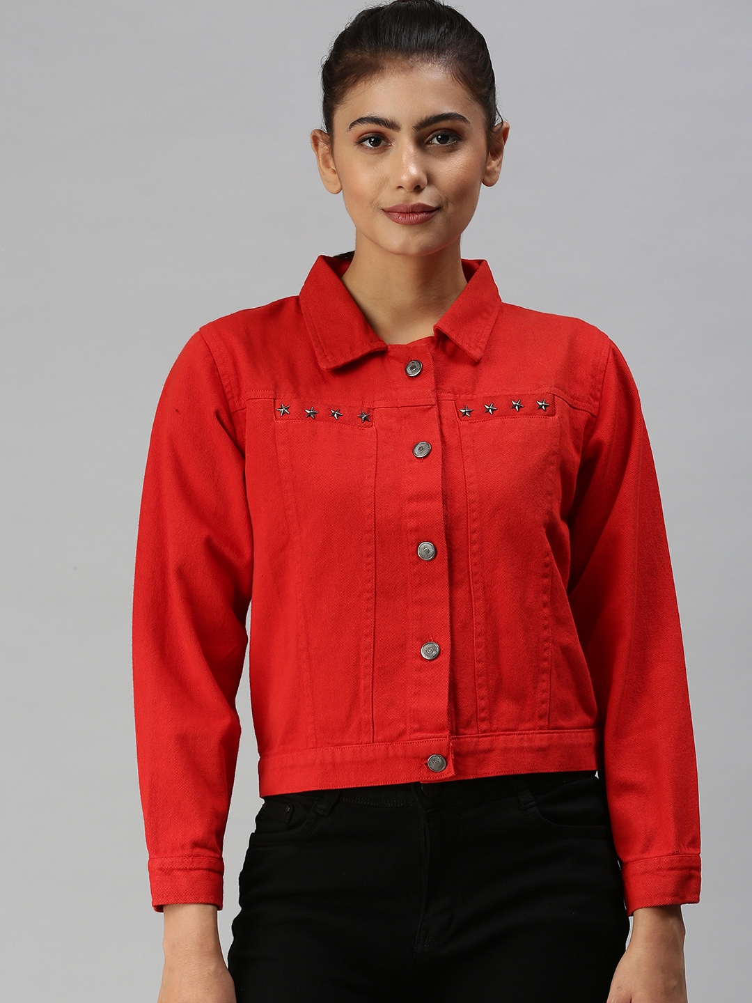 Women's Red Denim Solid Denim Jackets