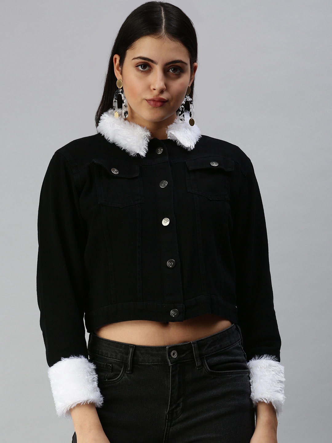 Showoff | SHOWOFF Women's Spread Collar Long Sleeves Black Solid Jacket