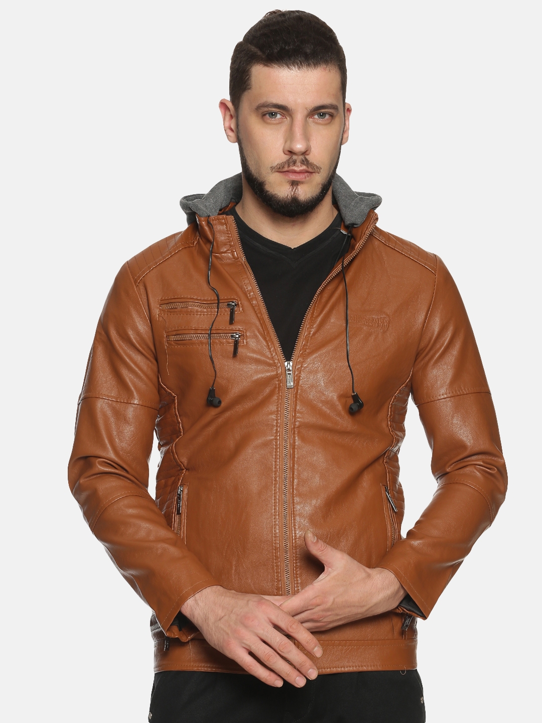 Showoff | Men Brown Solid Leather Jacket With Detachable Hood