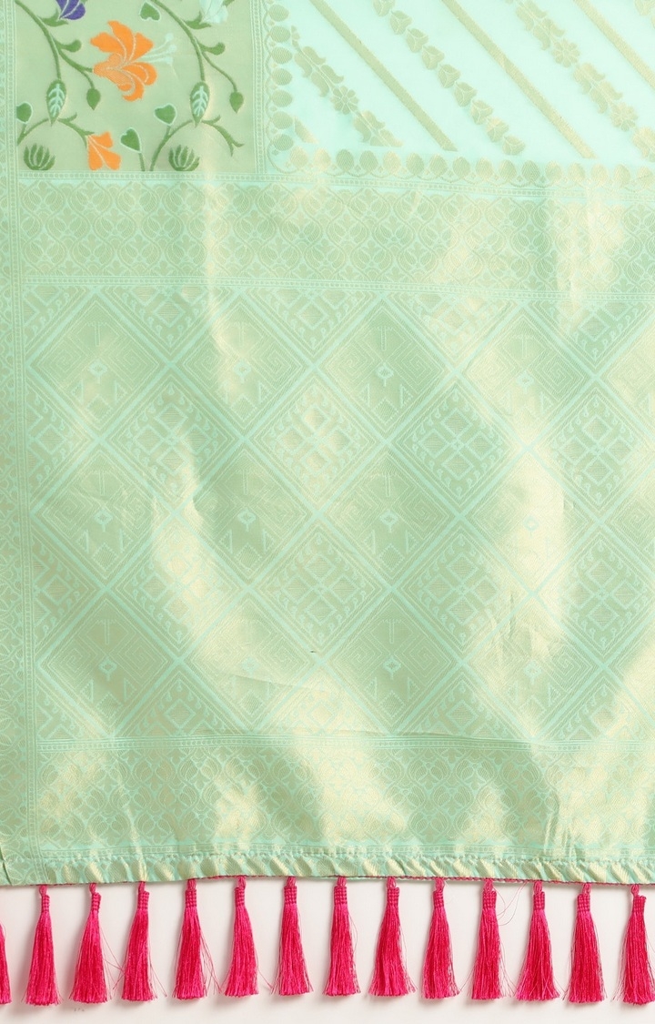 VASTRANAND  Sea Green & Beige Cotton Blend Printed Banarasi Saree