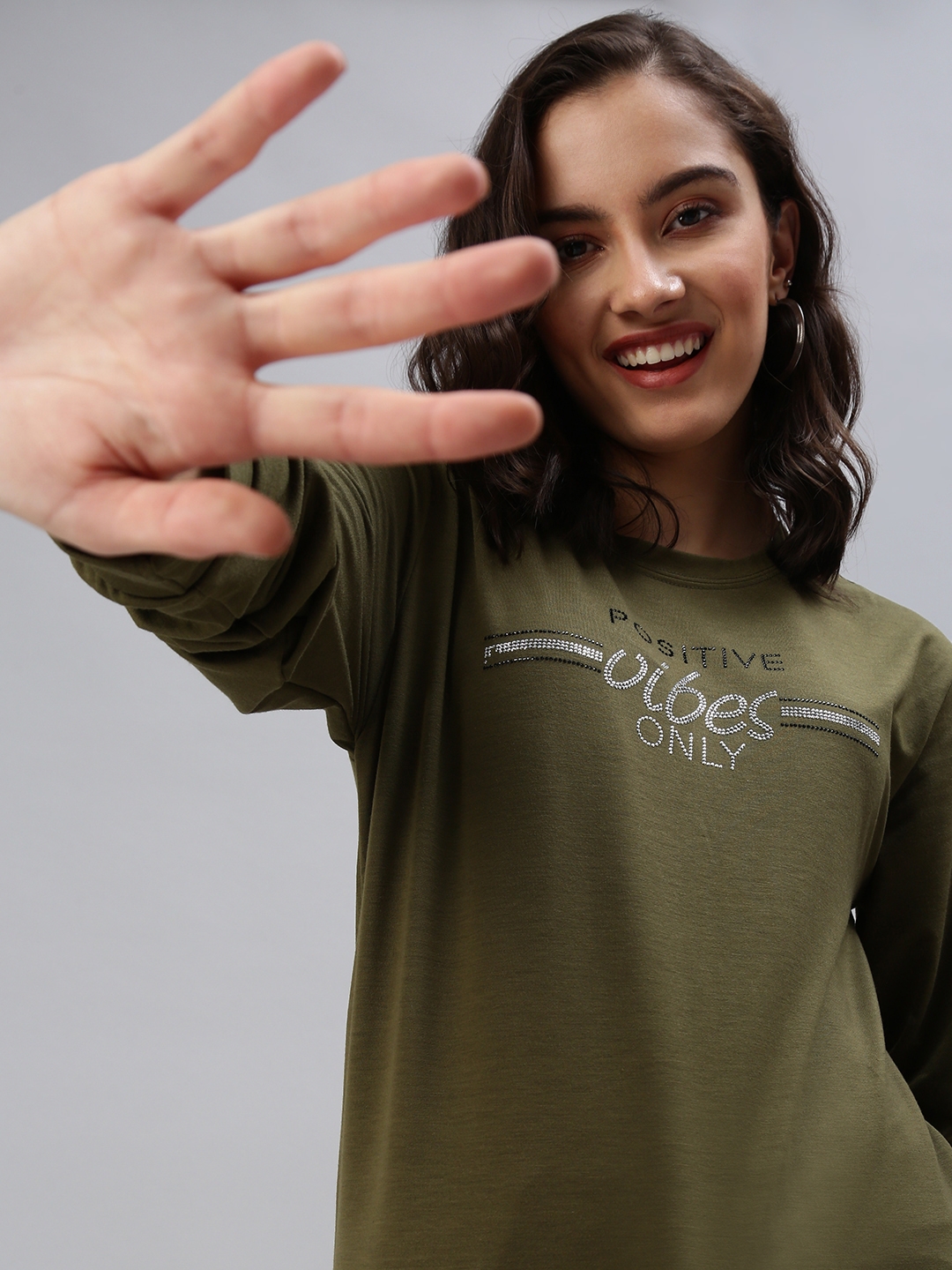 Showoff | SHOWOFF Women's Round Neck Olive Regular Sweatshirts