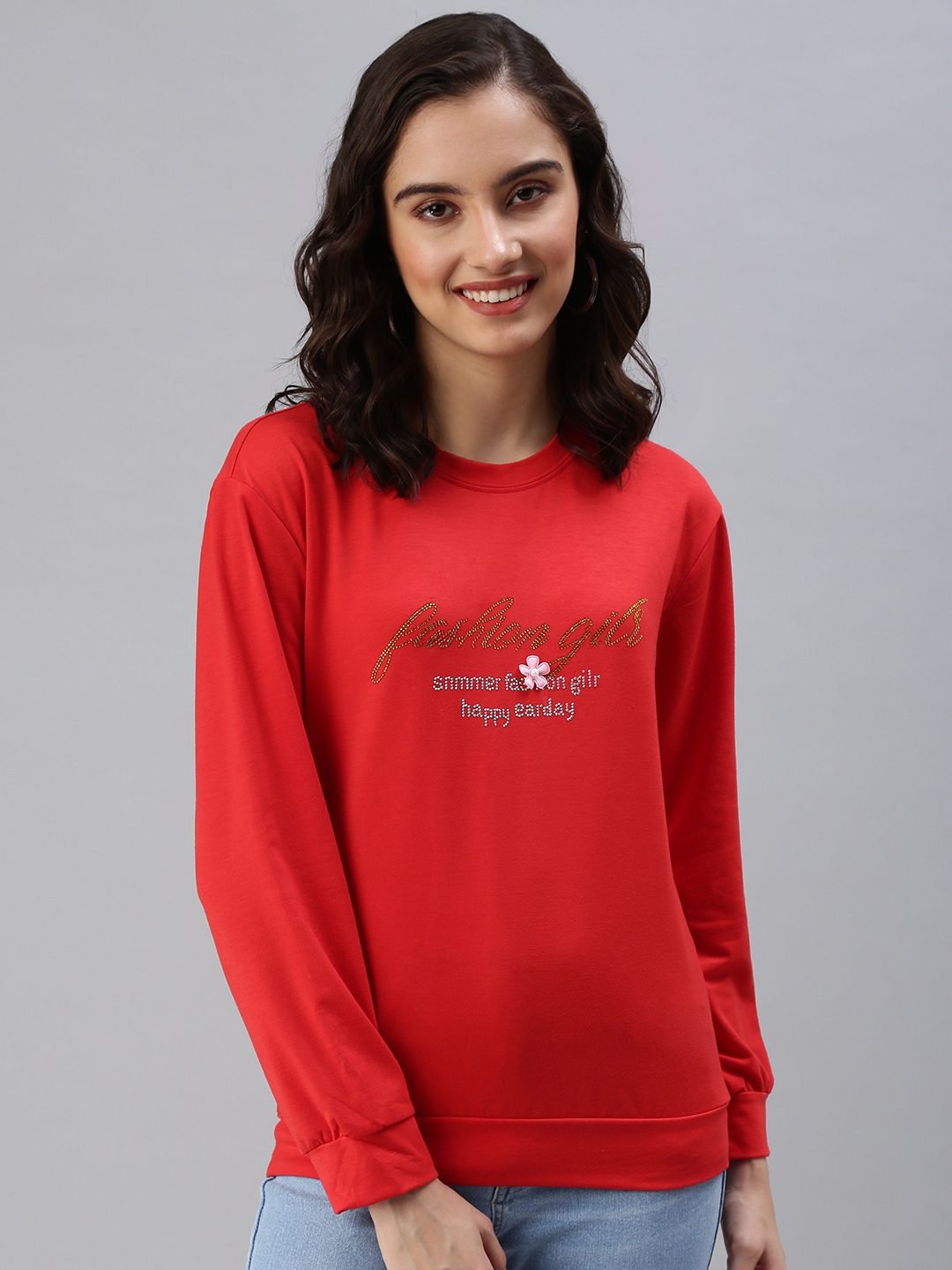 Women's Red Cotton Solid Sweatshirts