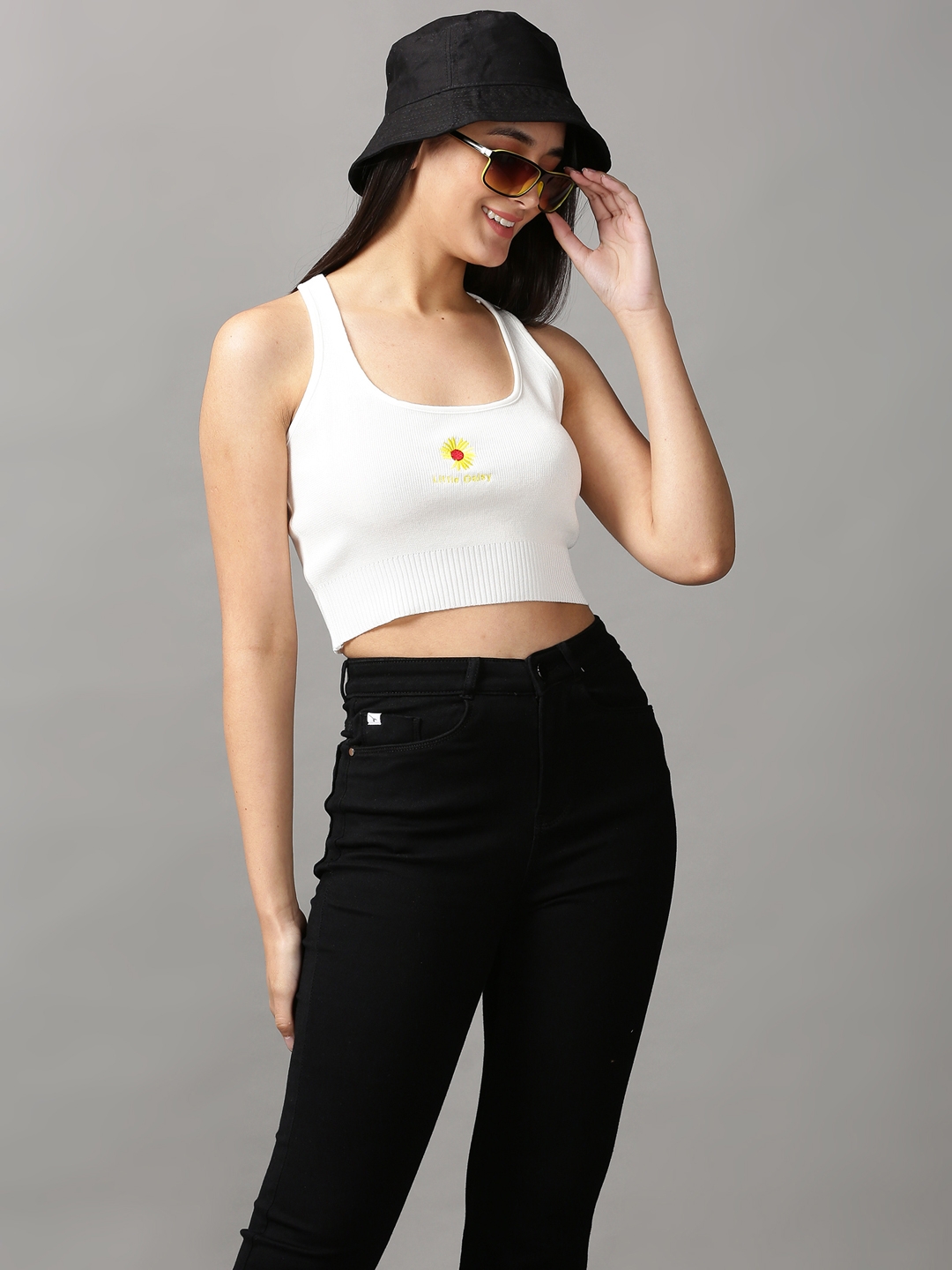Women's White Cotton Blend Solid Tops