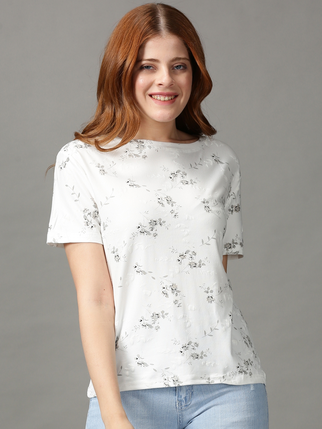 Women's White Cotton Blend Printed Tops