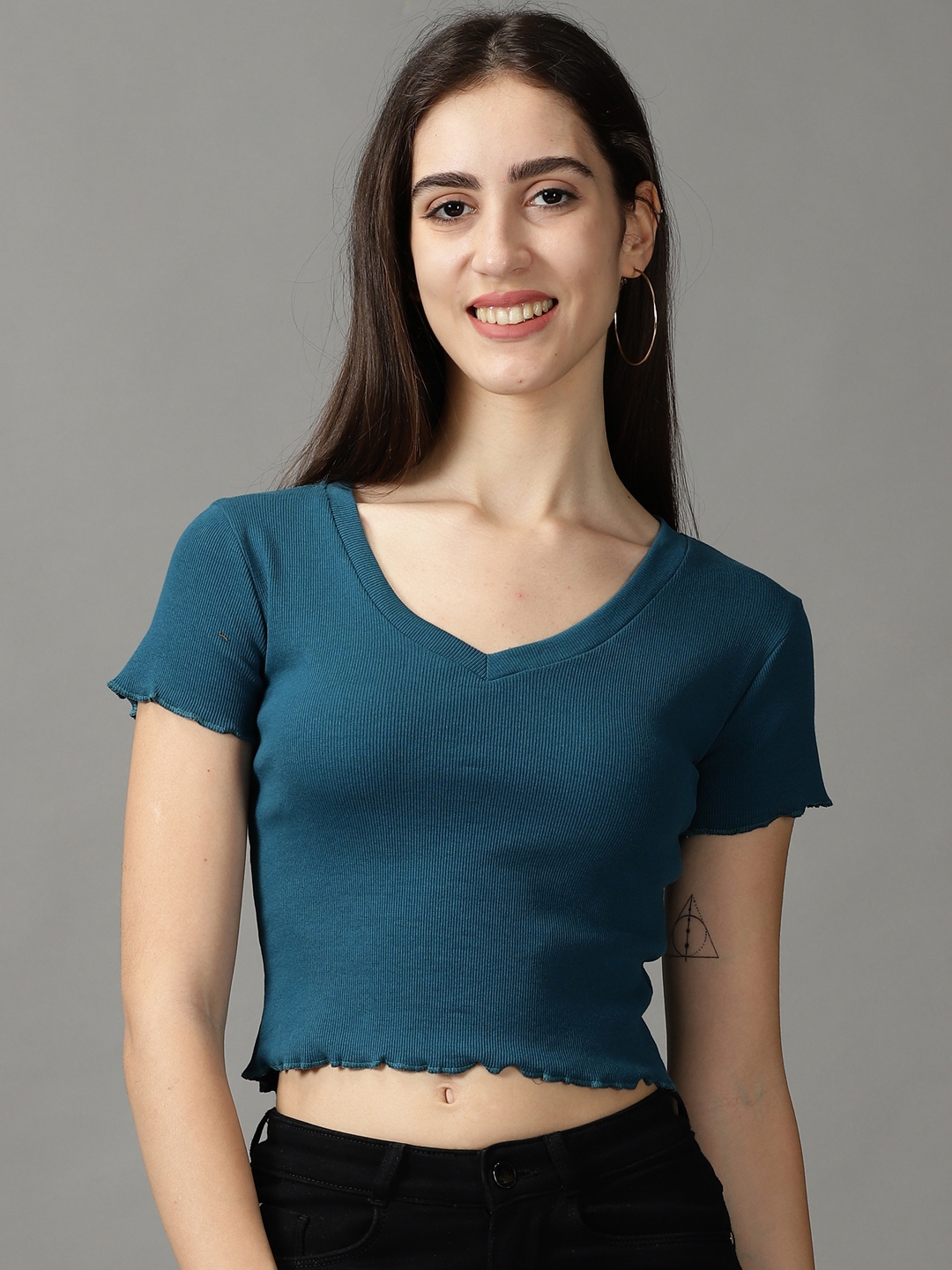 Women's Blue Polycotton Solid Tops