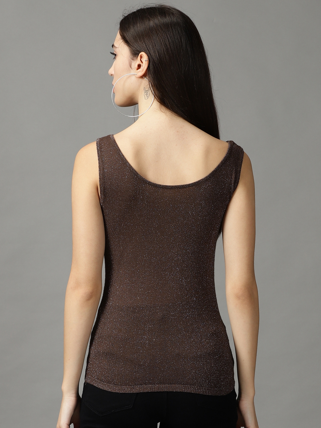 Women's Brown Cotton Blend Solid Tops