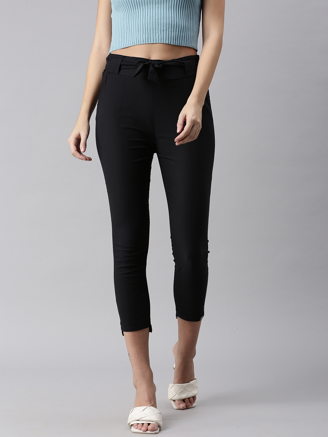 SHOWOFF Women's Regular Fit Black Solid Regular Trousers
