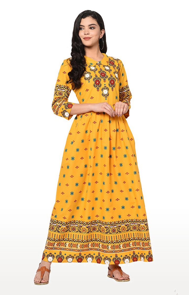 Yellow Floral Printed Flared Ethnic Gowns