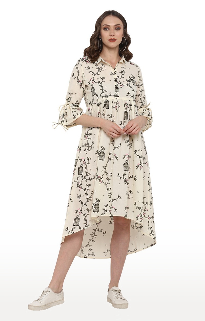 Beige Bell Sleeved Gathered Detail High Low Dress