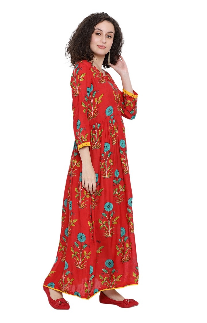 Red Floral Print Ethnic Gowns