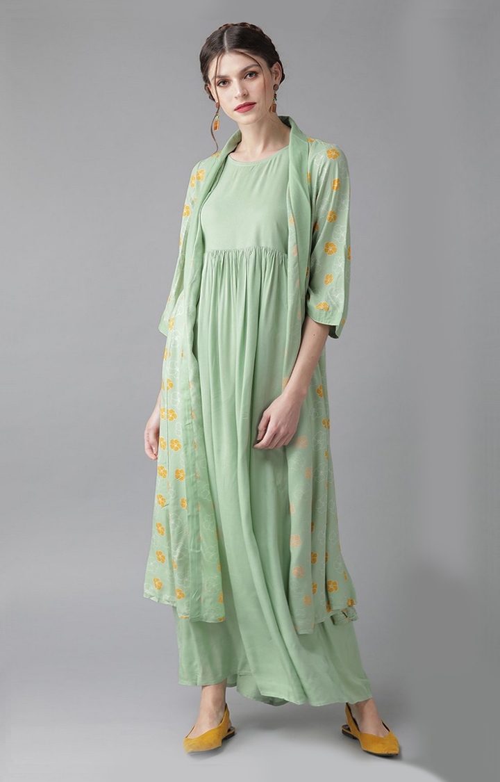 Women Green And Mustard Floral Layered Maxi Dress