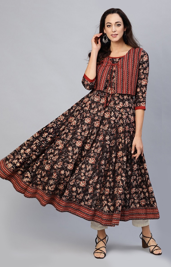 Women Coffee Brown And Maroon Floral Printed Anarkali Kurta With Ethnic Jacket