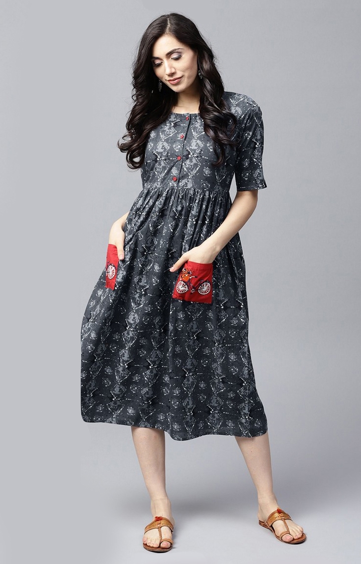 Women Grey Printed Fit And Flare Dress