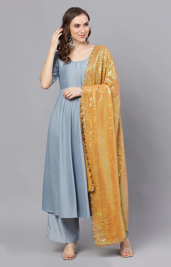 Blue Chinon Silk Anarkali With Palazzo and Mustard Sequence Dupatta