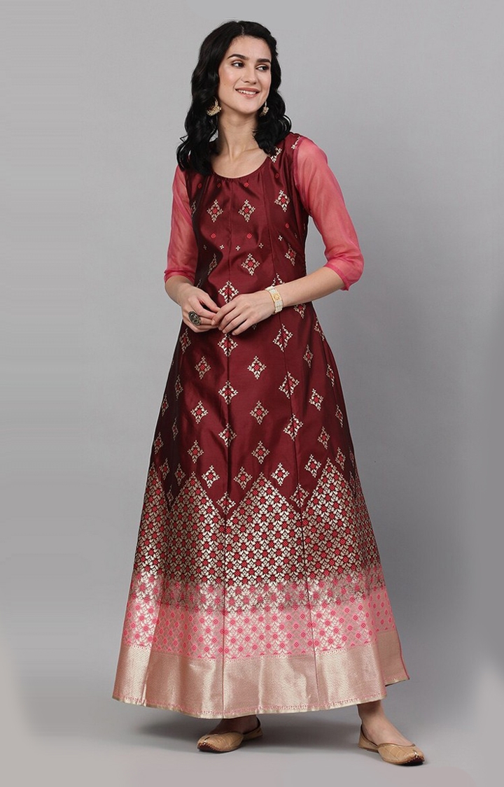 Maroon And Gold Zari Jacquard Design Ethnic Gowns