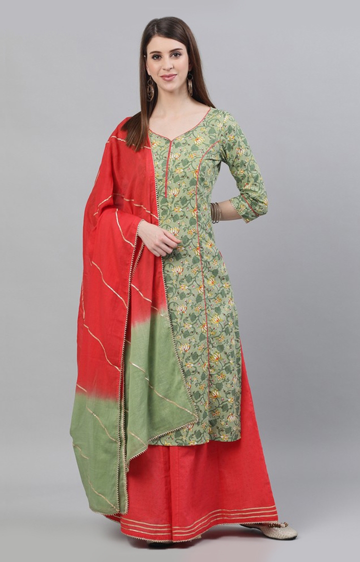 Green and Red Floral Printed With Gotta Patti Work Kurta Set
