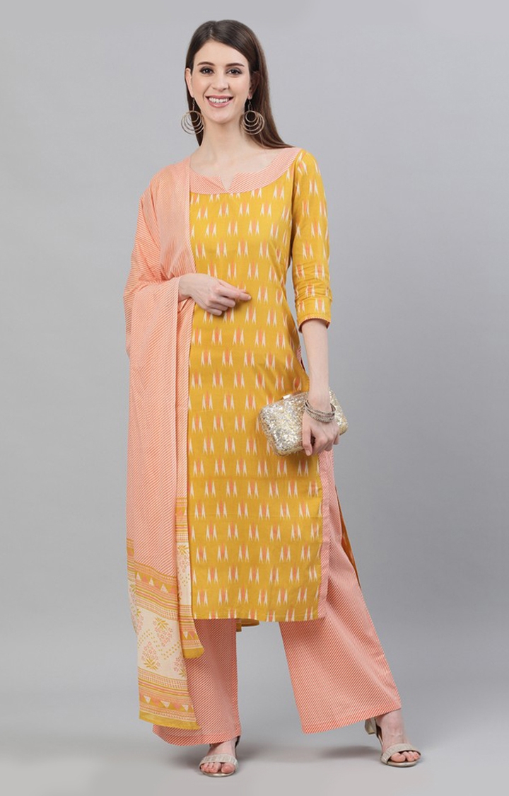 Yellow and Peach Ikat Printed Straight Kurta With Palazzo and Dupatta Set