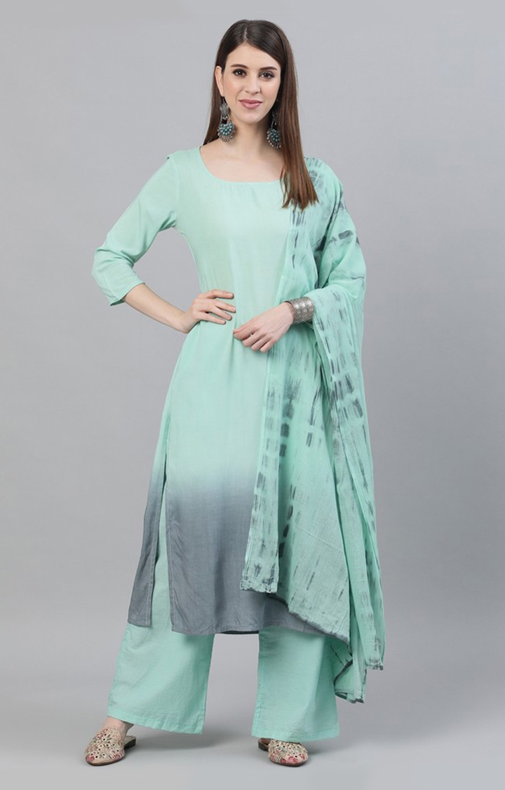 Green and Grey Ombre Tie Dye A-Line Kurta With Pant and Dupatta Set