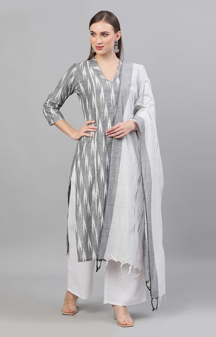 Grey and White Ikat Handloom Woven Design Kurta and Palazzo And Dupatta Set