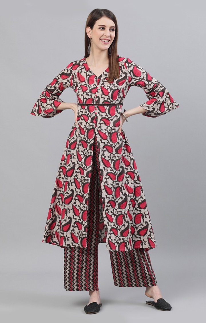 Brown and Red Printed A-Line Kurta With Palazzo Set