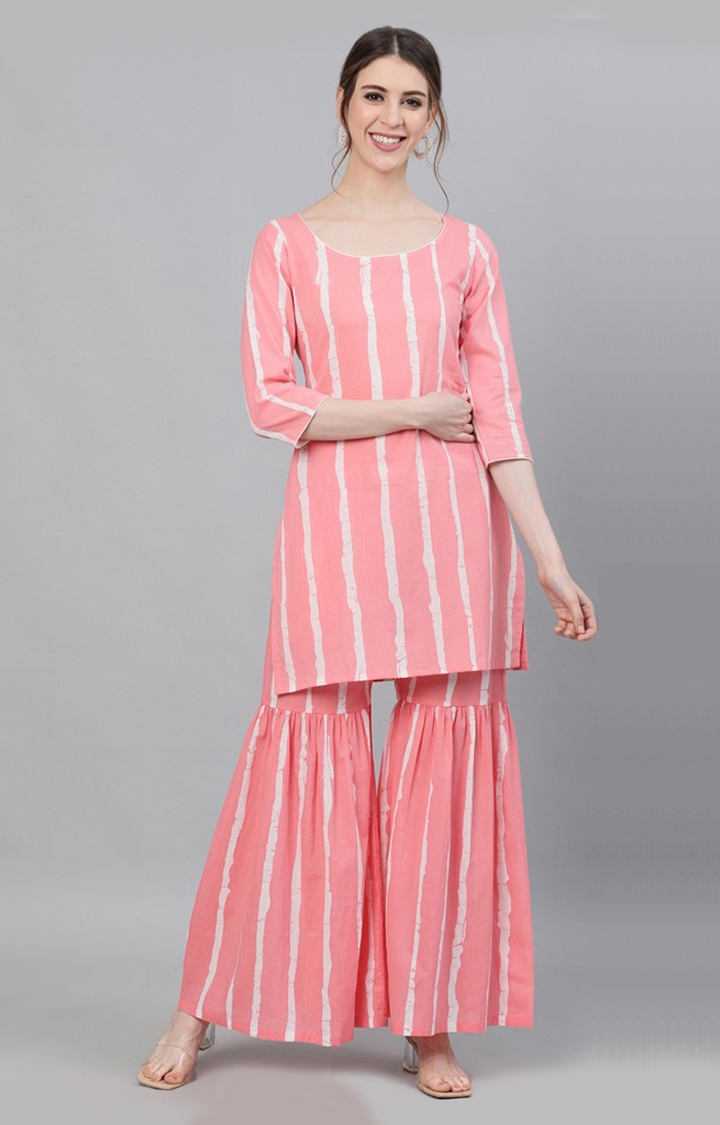 Pink and White Striped Printed Kurta With Sharara Set