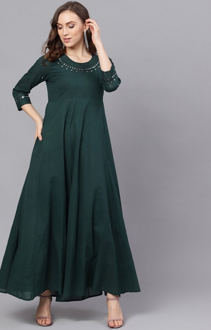 ANTARAN | Green Mirror Work Flared Maxi Dress