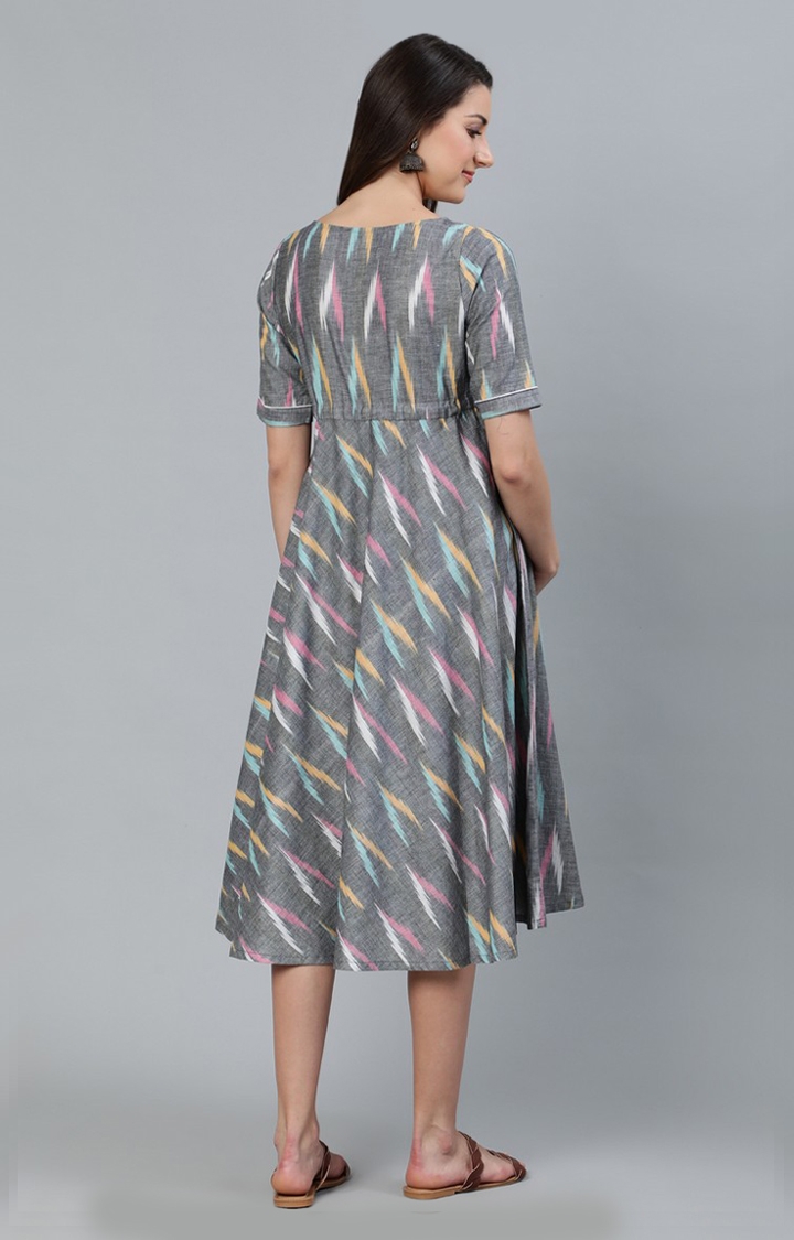 Grey Ikat Woven Design Maternity Dress