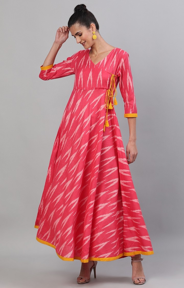 ANTARAN | Pink And White Ikat Handloom Woven Design Flared Maxi Dress