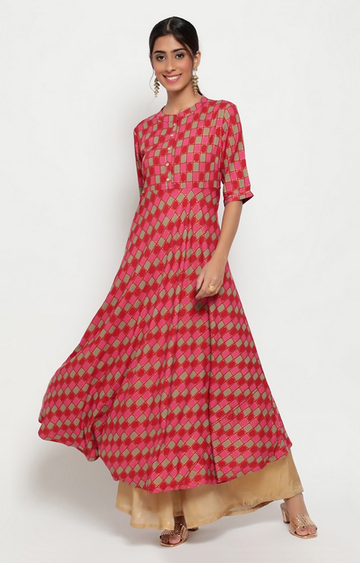 Red Checked Flared Anarkali