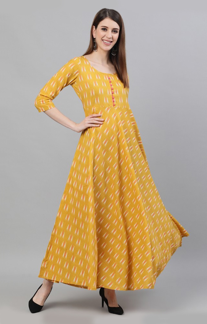 Yellow Ikat Printed Flared Maxi Dress