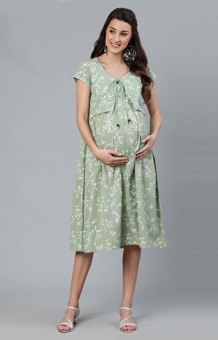 Green & White Khari Printed Maternity Dress With Jacket