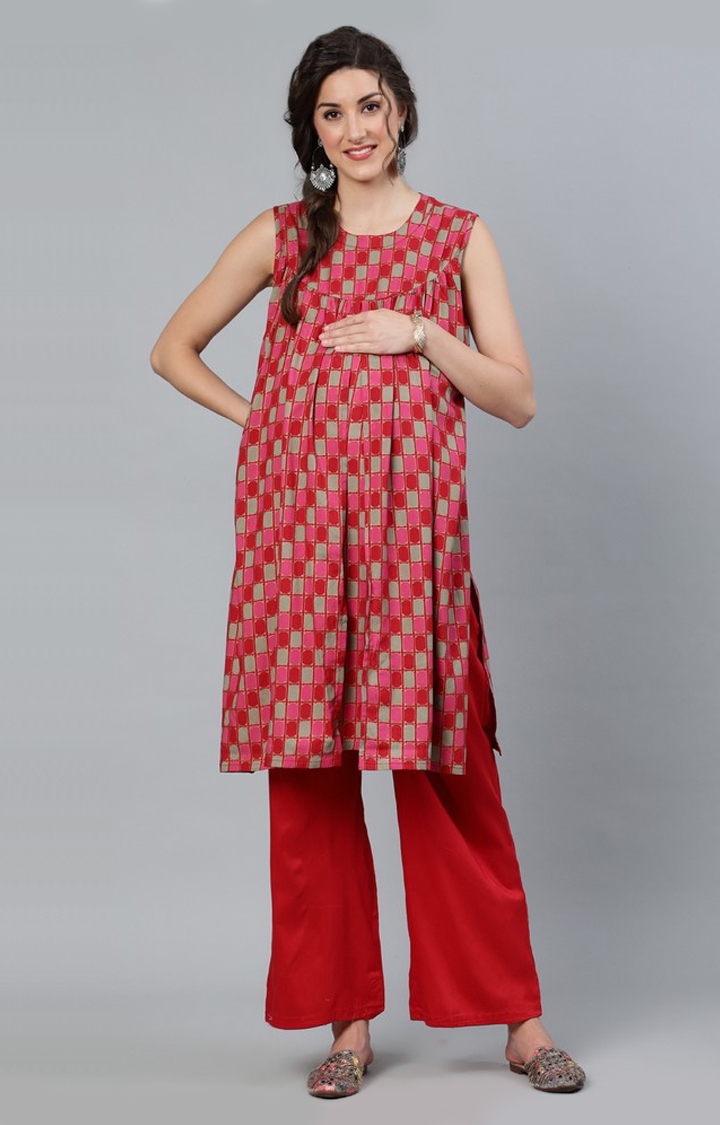 Red and Gold Checked Maternity Kurtas
