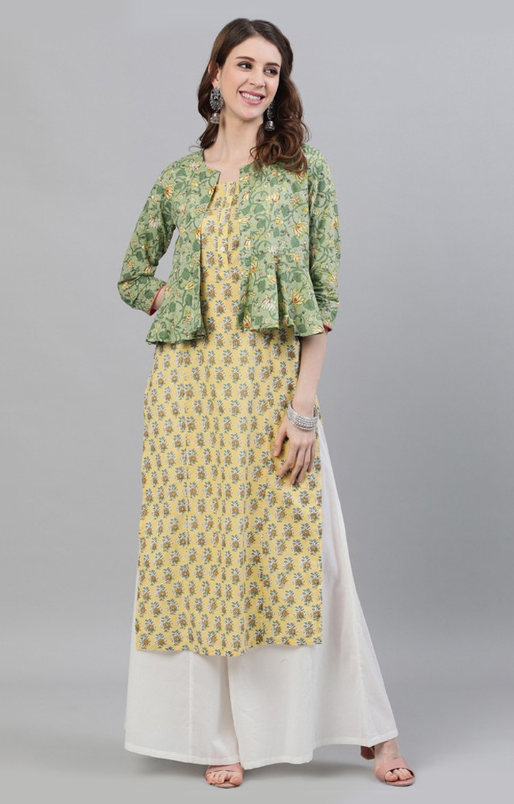 Green and Yellow Floral Printed Straight Kurta With Jacket