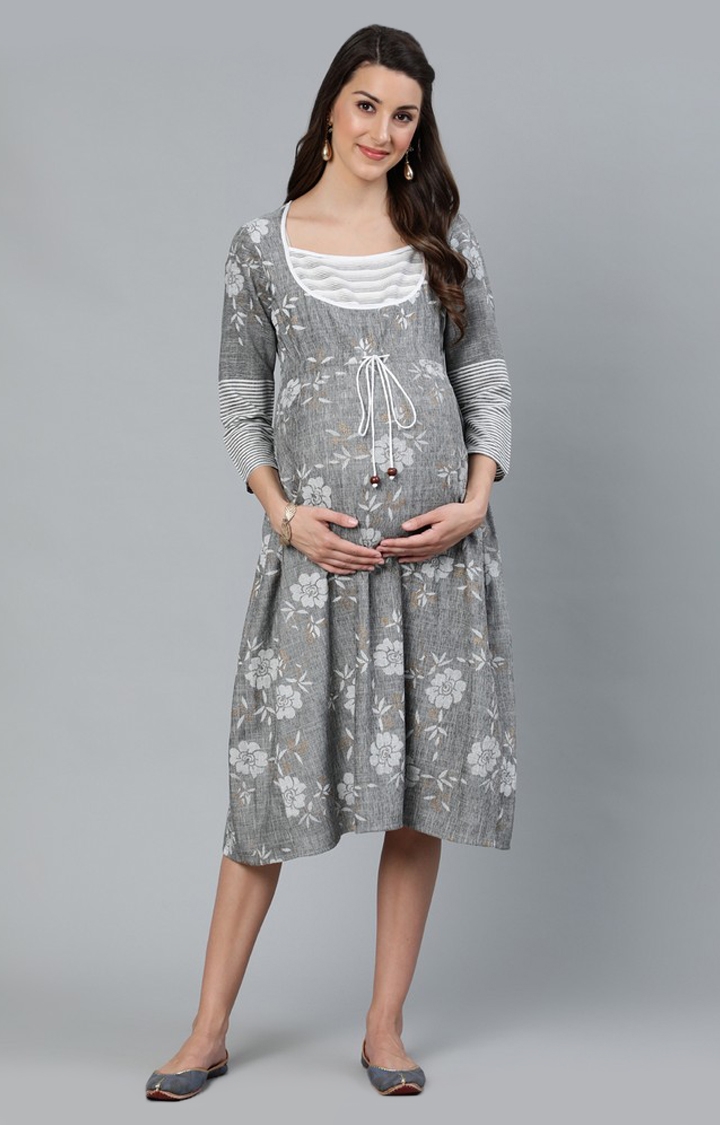 Grey & White Floral Printed Maternity Dress