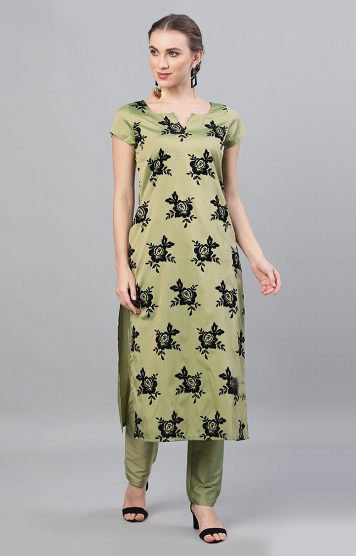 Green and Black Floral Straight Kurta With Pant Set