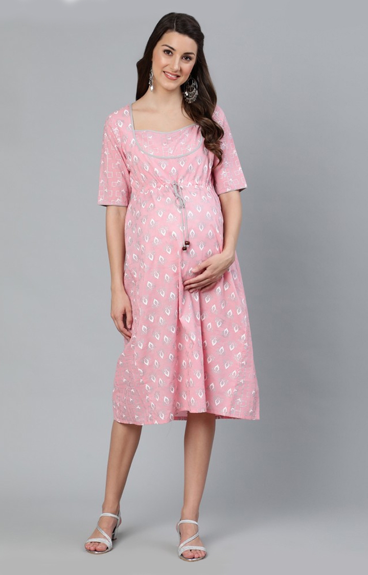 Pink & White Khari Printed A-Line Maternity Dress