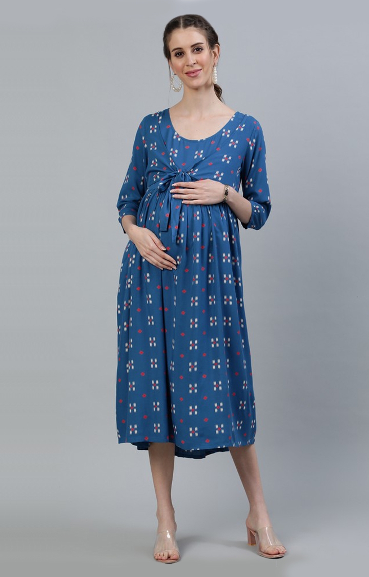 Blue Printed Maternity Tie-Up Dress