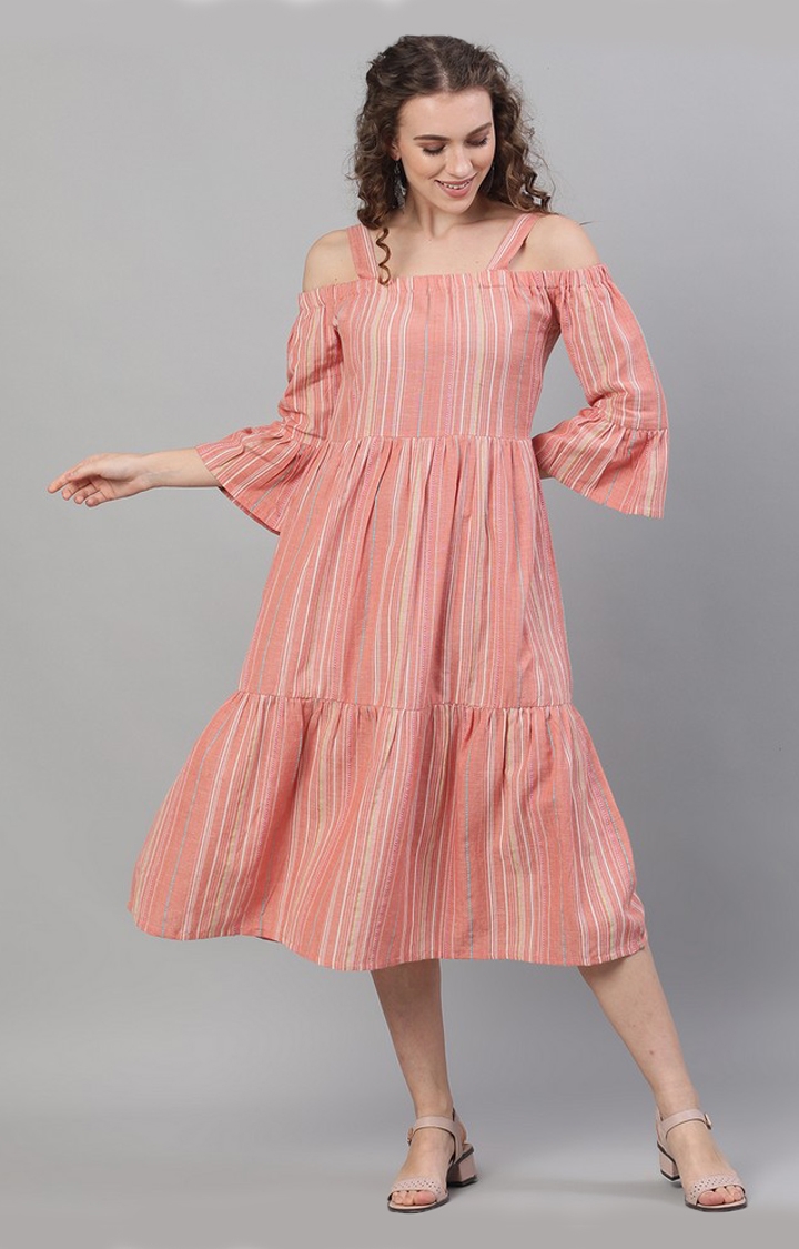 Peach Striped Handloom Design Tiered Midi Dress