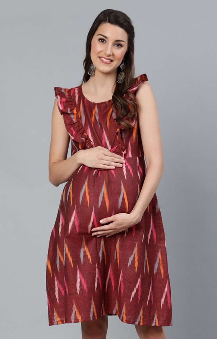 ANTARAN | Burgundy Ikat Woven Design Maternity Dress