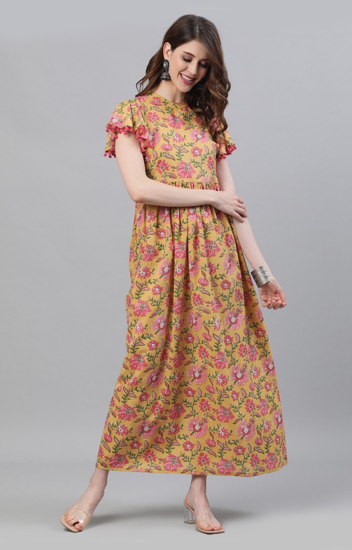Yellow & Pink Floral Printed Maxi With Pom-Pom Details